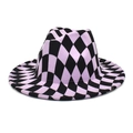 Cappello fedora in lana a scacchi lavanda e nero con tesa larga per uomo e donna - M (56-58cm) / Scacchiera Viola Taro