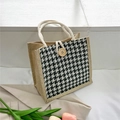 Japanese style beige woven canvas tote bag with black and white houndstooth pattern detail - Light Green