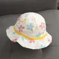 Cappello da sole bianco per neonata in cotone con fiori e nastro giallo decorativo - 47-49cm (6-12 Mesi) / Fiore Rosa