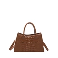 Brown faux leather crossbody bag with vintage crocodile texture and top handles - Dark Brown