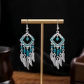 Ethnic bohemian silver-tone dangle earrings with sky blue beads and feather charms - Feather Tassel Artificial Turquoise Blue Bead Style (E6008-2)