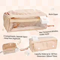 Large capacity beige stationery pouch with transparent window and zipper for students - Wheat/Transparent Window