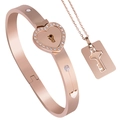 Rose gold interlocking heart lock bracelet and key necklace set with zircon accents - With Diamond Square Tag / Rose Gold