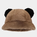 Close-up of brown faux fur bucket hat with cute black plush animal ears on top - One Size / Coffee