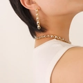 Elegant gold necklace and long chain earrings set with clear square cubic zirconia crystals - F640-Gold Color White Zirconia Earrings