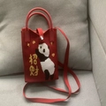 Red knitted panda handbag with Lucky embroidery and ornate gemstone buckle - Red Lucky Large Panda
