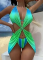 Detalle de la hebilla de corazón con pedrería en un pareo de bikini de malla degradada - S / Degradado Azul Verde