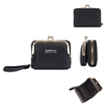 Black Baellerry mini accordion card wallet in pebbled leather with gold frame and zipper - Black