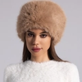 Close-up of camel faux fur bucket hat showing soft long hair texture and warm design - One Size / Camel