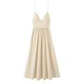Elegante vestido midi de popelina beige con tirantes finos y falda plisada de talle alto - XS / Albaricoque