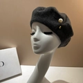 French style dark grey wool beret with white pearls and gold buckle on a head model - M (56-58cm) / Dark Gray