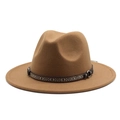 Detail of camel wool fedora hat featuring a vintage ethnic embroidered leather band - Khaki