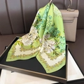 Elegant green silk scarf with white floral patterns displayed on a black tray - White Peony Floral / 70*70cm / Fresh Green