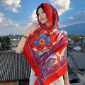 Ethnic red cotton linen shawl with mandala print for summer travel and beach use - 180*90CM / 37126-Red Blue Mandala