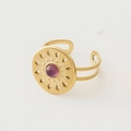 Detail of vintage gold-plated ring featuring purple stone and sunburst engraving - Adjustable Open / Round Amethyst