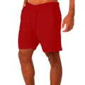 Detailed macro view of red cotton linen men's shorts with drawstring waist and pockets - Red
