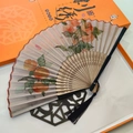 Traditional Chinese folding fan with persimmon pattern and matching orange gift box - Good Luck/Everything Goes Well