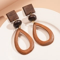 Detail of vintage brown wooden geometric earrings with square studs and teardrop hoops - Dark Brown