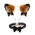 Cat ear headband and choker set with plush fur, satin bows and golden bells on white background - Dark Brown Black Mixed + Black Lace Choker