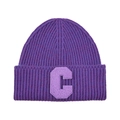 Close-up of purple ribbed knit beanie with a textured light purple letter C patch - Purple