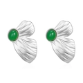 Silver square striped earrings with green oval gemstone in a fan shaped design - Butterfly Wing Stud Earrings Steel (MS-444)