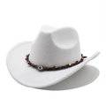White Western cowboy hat with brown braided band and Evil Eye charm on white background - M (56-58cm) / White
