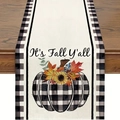 Fall table runner with black and white plaid pumpkins and sunflower print on linen - 33cm*90cm