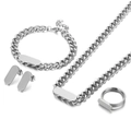 Roestvrijstalen sieradenset met Cubaanse schakelketting, armband en rechthoekige hangers - Ketting+Armband+Ring+Oorbellen 4-delige Set (KS140334-BLX) / Zilveren Stijl (Ringmaat 8)