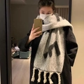 Thick grey and black plaid scarf for winter featuring soft fringe tassels - Black Gray Twist Knit