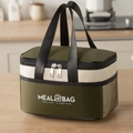 Insulated olive and cream lunch bag with nylon handles and a side mesh pocket - Small Army Green