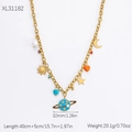 Golden necklace with pearl, sun, moon, star, and blue planet ring pendant charms - XL31182 Starry Sky Universe Planet Style