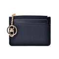 Minimalist black textured leather coin purse with golden zipper and metal keychain - Black