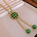 Gold snake chain necklace featuring green square gemstones and green pearl drop accents - 56# Gold Square Green Gemstone Necklace