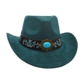 Deep peacock blue western cowboy hat featuring ethnic floral band and turquoise stone buckle - Dark Green [Wide Leather Embroidery]