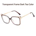 Women's cat-eye square glasses frames in clear and dark tea brown finish with gold metal legs - Transparent with Dark Tea / Clear Anti-Blue Light
