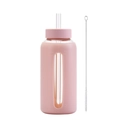 Pink 800ml glass water bottle with silicone sleeve, time markers, and straw brush - Pink