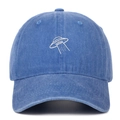 Detailed embroidery of white UFO spaceship on washed blue cotton denim baseball cap - Light Blue