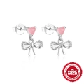 S925 Sterling Silber Schleife Ohrstecker mit rosa Herz und Zirkonsteinen - Platin-U-Form