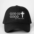 Black cotton baseball cap with God Is Good text and cross print on a grey background - One Size / Black