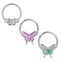 Set of three silver nose rings featuring a square zircon and two glitter butterfly charms - 1.2x8mm / Silver Square Rhinestone Butterfly Style (套装一)