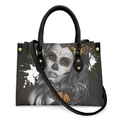 Black PU leather tote bag featuring a Sugar Skull woman print with orange butterflies - Painted Sugar Skull Girl Butterfly - Black Strap