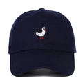 Detailed view of navy blue cotton baseball cap featuring white cartoon duck embroidery - Adjustable / Navy Blue