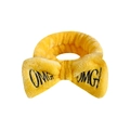 Yellow plush OMG headband with bow for face washing and makeup application - Yellow
