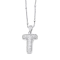 Silver letter T pendant necklace paved with white zircon on a delicate bead chain - Letter T / Silver
