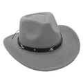 Close-up of gray felt cowboy hat featuring black leather band with silver star studs - One Size / Light Gray