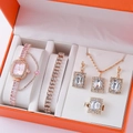 Elegant rose gold 5-piece jewelry set with watch and zircon crystals in an orange box - Rose Gold Rhinestone Watch Jewelry Set (1)