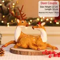 Christmas plush reindeer figurines set with pine cones and berries on a wooden base - Elk Pair (Couple Deer)