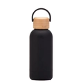Detail of matte black insulated flask featuring a natural bamboo lid and portable handle - Ink Black