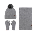 Winter 3-piece set featuring grey knit hat with fur pom, scarf, and gloves - Grey 3-Piece Set