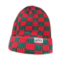 Detail of red and green checkerboard knit beanie with LIZHI STYLE woven label - M(55-60cm) / Red